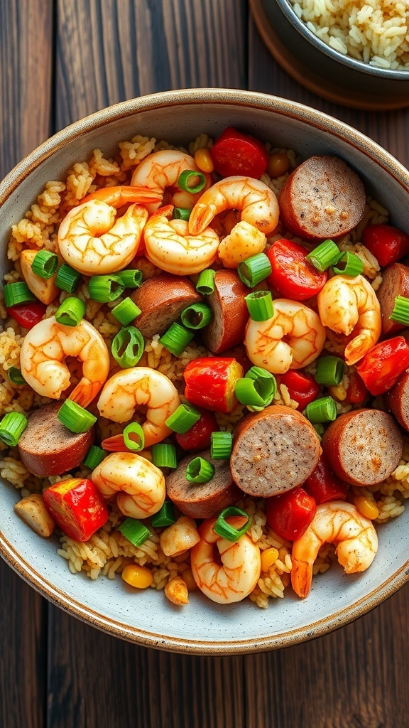 Carnivore Jambalaya Recipe A hearty bowl of carnivore jambalaya with sausage, chicken, shrimp, and rice, garnished with green onions, on a rustic table.